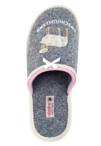 Gray wool slipper with a pink and white checkered lining, featuring an embroidered sheep design and a decorative white bow.