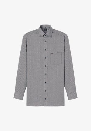 Langärmeliges Hemd mit Knopfleiste in Grau und Marineblau mit geometrischem Muster, einer einzelnen Brusttasche und kontrastierenden Knöpfen. Baumwollmischgewebe.