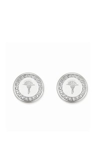 Pendientes redondos de plata con un diseño central texturizado y un halo de pequeños cristales claros alrededor del borde.