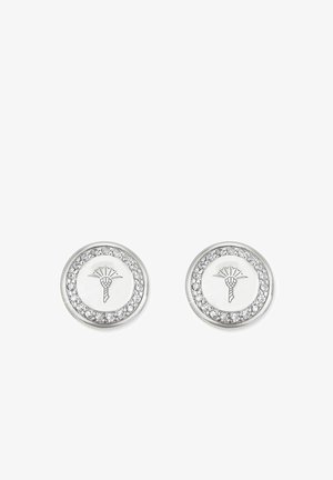 Pendientes redondos de plata con un diseño central texturizado y un halo de pequeños cristales claros alrededor del borde.