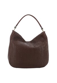 Brown woven handbag with a curved shape and a single leather shoulder strap. Textured surface and soft structure, featuring no visible hardware.