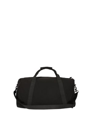 Bolsa de viaje negra hecha de material duradero, con dos asas superiores y una correa de hombro desmontable, con un diseño simple y sin adornos.