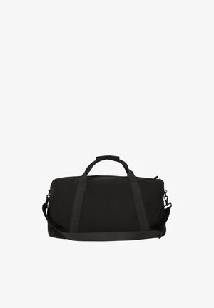 Schwarze Duffel-Tasche aus strapazierfähigem Material, mit zwei oberen Griffen und einem abnehmbaren Schultergurt, in einem schlichten, ungeschmückten Design.