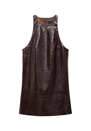 Braunes Kunstleder ärmelloses Kleid mit glatter Oberfläche, rundem Ausschnitt und schlichtem geradem Schnitt. Verfügt über einen dezenten Reißverschluss hinten.