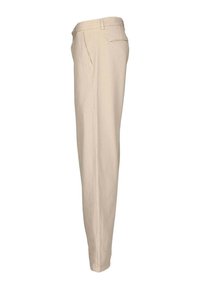 Beige trousers made of lightweight fabric, featuring a straight leg design, two side pockets, and minimal stitching details.