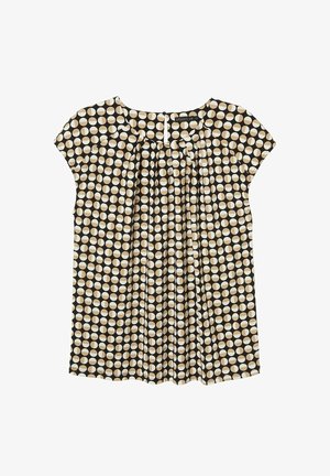 Lyhythihainen pusero, jossa on musta, beige ja valkoinen puolikuviollinen ympyräkuvio ja laskokset pyöreän pääntien alapuolella.