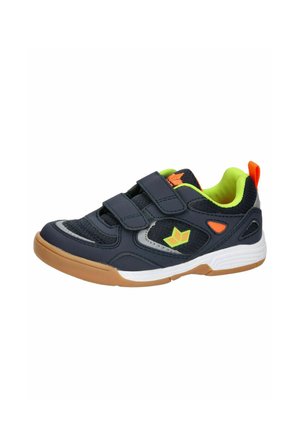 Children's navy blue sneaker with green lining, orange accents, two Velcro straps, and gum outsole.
