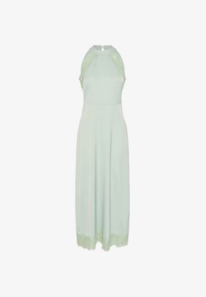 Vaaleanvihreä hihaton midimekko, jossa korkea kaulus, pitsiyksityiskohdat harteissa ja helmassa sekä selän avonainen nappikiinnitys.