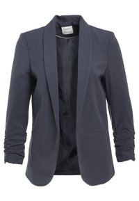 Námořnicky modré sako s šálovým límcem, měkká tkanina, jemné řasení na rukávech, otevřený přední díl a dvě přední kapsy. Hladká vnitřní podšívka.