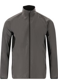 Grå zip-up jacka med hög krage, kontrasterande svarta sidpaneler, lätt material, slät yta och minimal logotyp.