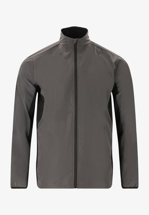 Grå lynlåsjakke med høj krave, kontrasterende sorte sidepaneler, letvægtsmateriale, glat tekstur og minimalt branding.