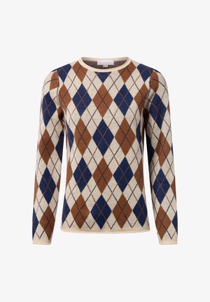 Langarm-Pullover mit braunem, marineblauem und beigem Karomuster sowie beigem Rundhalsausschnitt und Bündchen.