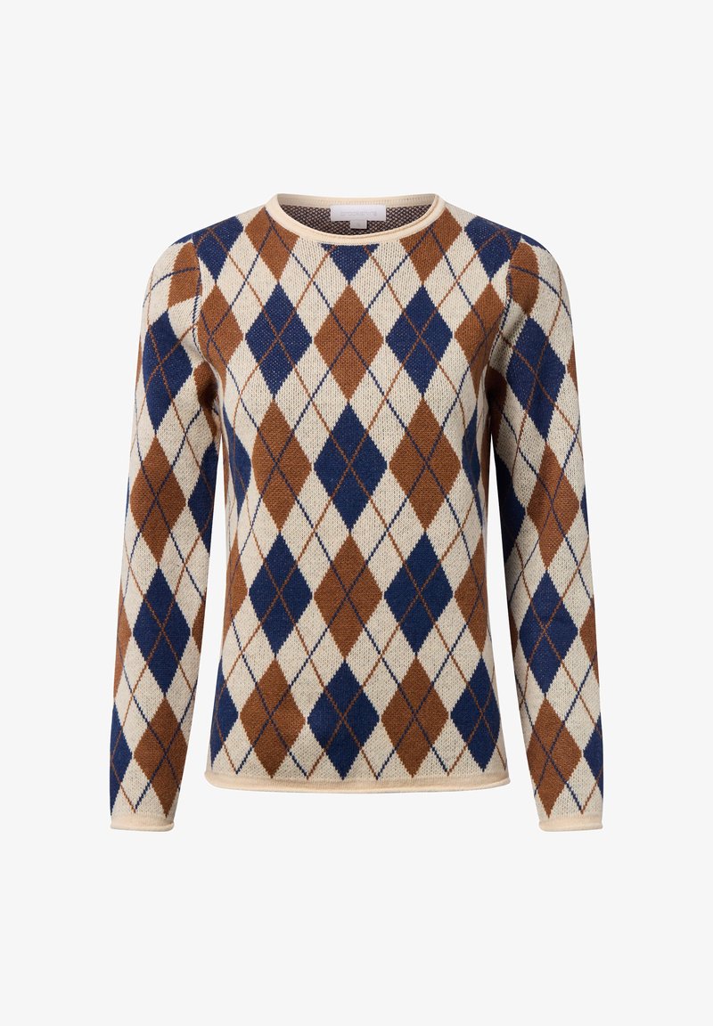 Pull à manches longues avec un motif losangé en marron, marine et beige, et un col rond et des poignets beiges.