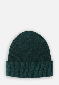 Bonnet en tricot de couleur teal foncé avec une texture côtelée. Il dispose d'un revers et d'un design sans couture sur le dessus.