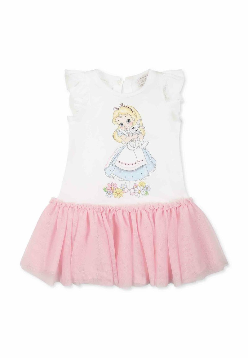 Witte jurk met korte gerimpelde mouwen, voorzien van een geprinte figuur op de lijf en een roze tule rok met bloemdetails op de taille.