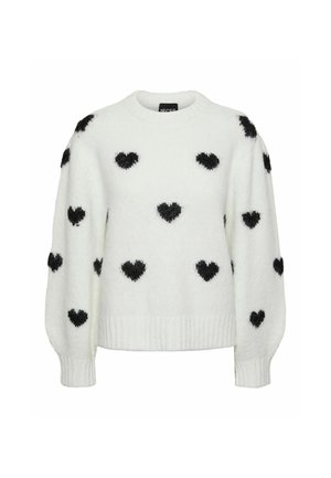 Hvid fuzzy sweater med lange pufærmer, dekoreret med jævnt fordelte sorte hjerte-mønstre foran og på ærmerne.