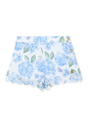 Białe szorty z niebieskim kwiatowym nadrukiem hortensji, zielonymi liśćmi, falistym dołem z haftowanymi kwiatami oraz złotymi ozdobnymi guzikami po bokach.