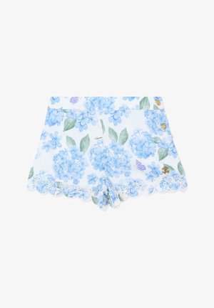 Pantalones cortos blancos con estampado floral de hortensias azules, hojas verdes, bajo con borde festoneado con flores bordadas y botones decorativos dorados en el lateral.