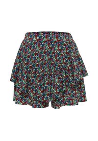 Jupe courte plissée avec imprimé floral à couches en rouge, bleu, vert et blanc sur un fond noir.