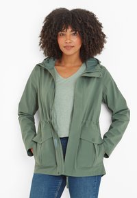 Olive green lightweight jacket with a hood, drawstring waist, and two front pockets. Smooth texture and zipper closure design.