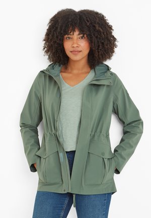 Olive green lightweight jacket with a hood, drawstring waist, and two front pockets. Smooth texture and zipper closure design.