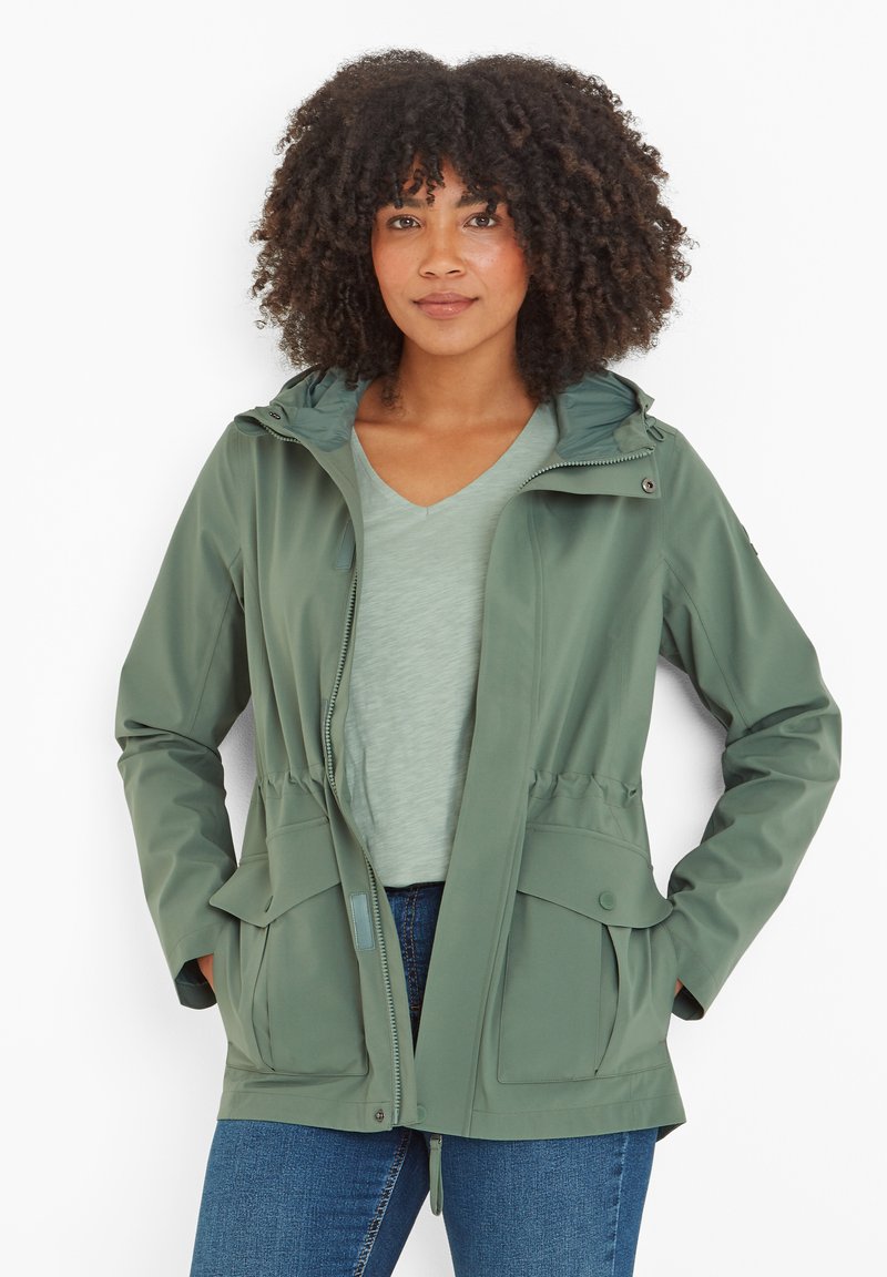 Olive green lightweight jacket with a hood, drawstring waist, and two front pockets. Smooth texture and zipper closure design.