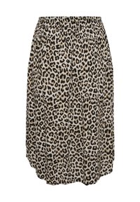 Luipaardprint rok met een elastische tailleband, geplooid ontwerp en een vloeiende vorm. Kleurpatroon met zwarte vlekken op een beige achtergrond.