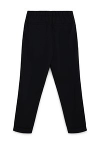 Schwarze Hose mit elastischem Bund, schmal zulaufenden Beinen und zwei Gesäßtaschen. Glattes Material mit gleichmäßiger Struktur und ohne sichtbare Muster.