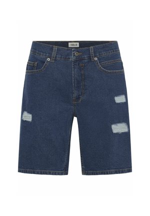 Shorts en denim bleu foncé avec un design déchiré. Présente deux patches déchirés et un style classique à cinq poches. Taille standard et couture.