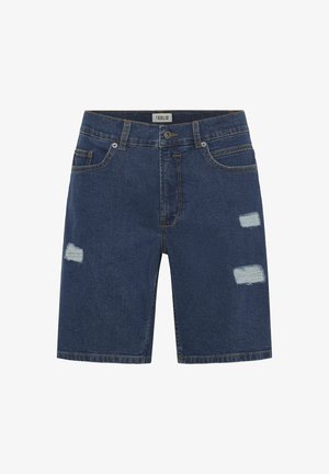 Dunkelblaue Denim-Shorts mit einem distressed Design. Mit zwei aufgerissenen Stellen und klassischer Fünf-Taschen-Stil. Standardbund und Nähte.