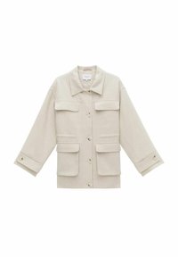 Beige användningsjacka med krage, långa ärmar, fyra frampockets och knäppning med knappar. Tillverkad av strukturerad tyg.