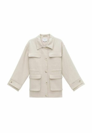 Beige utility jacket with a collar, long sleeves, four front pockets, and button closure. Made from textured fabric.