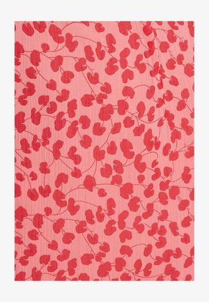 Roosa kangas, millel on korduv muster väikestest punastest lehekujudest, mis on omavahel ühendatud õhukeste joontega. Tekstuur tundub siledana ja kerge.