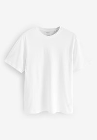 Fehér, rövid ujjú póló könnyű pamutból, kerek nyakkivágással és laza szabással, minták vagy díszítések nélkül.