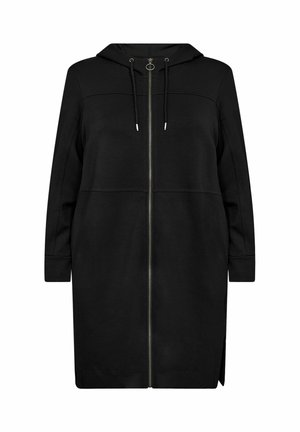 Black zip-up hooded sweatshirt dress with a relaxed fit, long sleeves, and side slits for ease of movement. Made of soft, textured fabric.