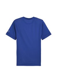 Kortärmad atletisk t-shirt i enfärgad blått tyg, med rund hals, andningsbart material och en logotypdetalj på vänster ärm.