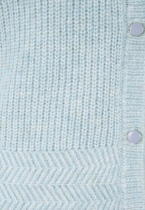 Lichtblauwe gebreide cardigan met ribbelstructuur, een visgraatpatroon aan de onderkant en zilveren knoopdetails. Zacht en warm materiaal.