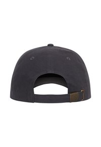 Dark gray baseball cap with a textured fabric, curved brim, and an adjustable strap at the back featuring a brass-colored tag labeled "AMPLIFIED."