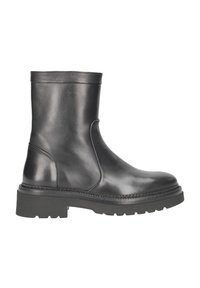 Black leather ankle boots with a smooth finish, round toe, and chunky black sole. Features a seam detail along the side.