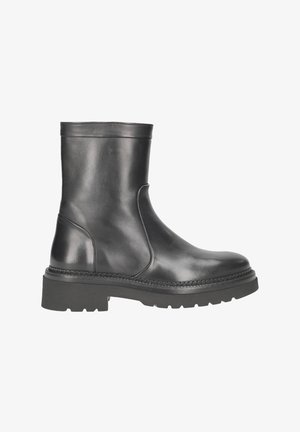 Black leather ankle boots with a smooth finish, round toe, and chunky black sole. Features a seam detail along the side.