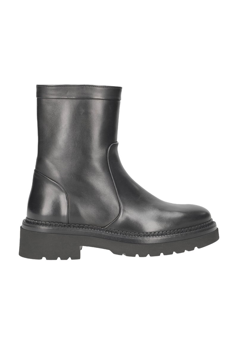 Black leather ankle boots with a smooth finish, round toe, and chunky black sole. Features a seam detail along the side.