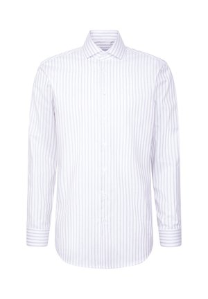 Wit overhemd met lichtpaarse verticale strepen, lange mouwen, knoopsluiting aan de kraag en manchetten met één knoop. Gladde geweven stoftextuur.