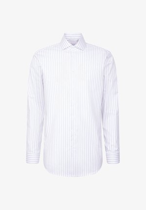 Camicia bianca con sottili righe verticali viola chiaro, maniche lunghe, colletto abbottonato e polsini con un solo bottone. Tessuto liscio e tessuto.