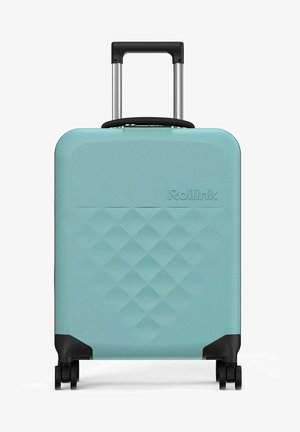 Hårdshell turkise kuffert med et diamantmønster, sorte hjul og teleskophåndtag. "Rollink" logo vist foran.
