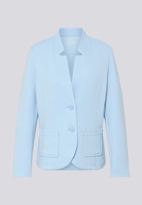 Light blue jacket made of textured fabric. Features a collared neckline, two front pockets, and two buttons at the front.