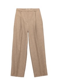 Beige linnen broek met wijde pijpen, riemlussen, frontplooien en een verborgen sluiting, plat gelegd op een witte achtergrond.
