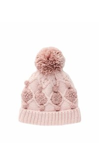 Gestrickte rosa Mütze mit einem strukturierten Muster, das florale Akzente und einen flauschigen Bommel oben hat. Weiches, gemütliches Material.