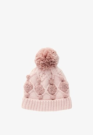 Kootud roosa beanie struktureeritud mustriga, millel on lillede aksendid ja pehme pom-pom peal. Pehme ja mugav materjal.