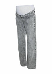 Pantalones de maternidad en Denim gris claro, con una cinturilla elástica y suave, y un diseño de pierna recta con detalles de costura visibles.