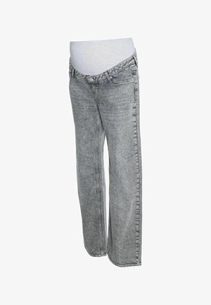 Graviditetsjeans i lys grå denim, med en elastisk, myk midjebånd og rette ben med synlige sømmer.